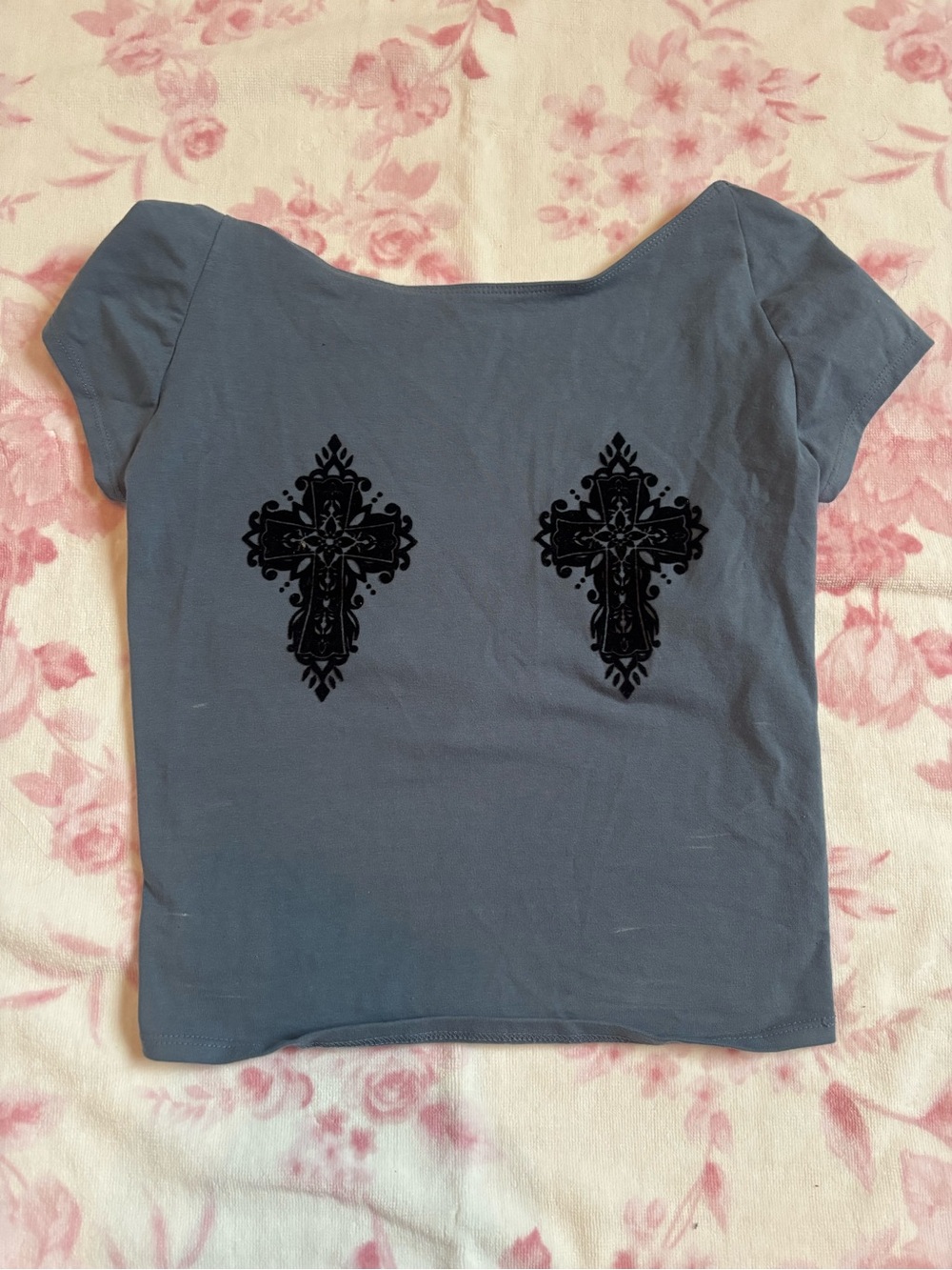 Urban Outfitters Kimchi Blue Women’s Slate Blue Cross Graphic Low Back Top